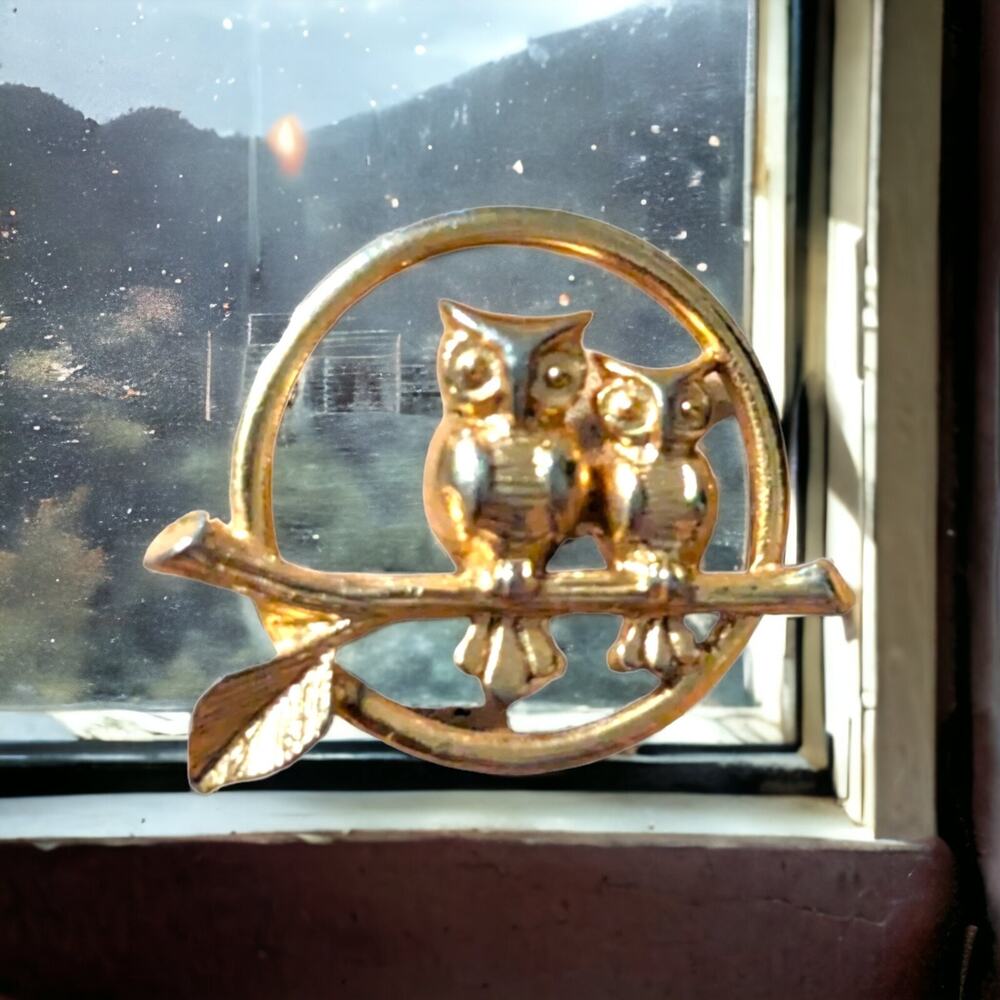 Loving Owls Moonlight Owls On Branch Signed Vtg Hat Lapel Pin Brooch